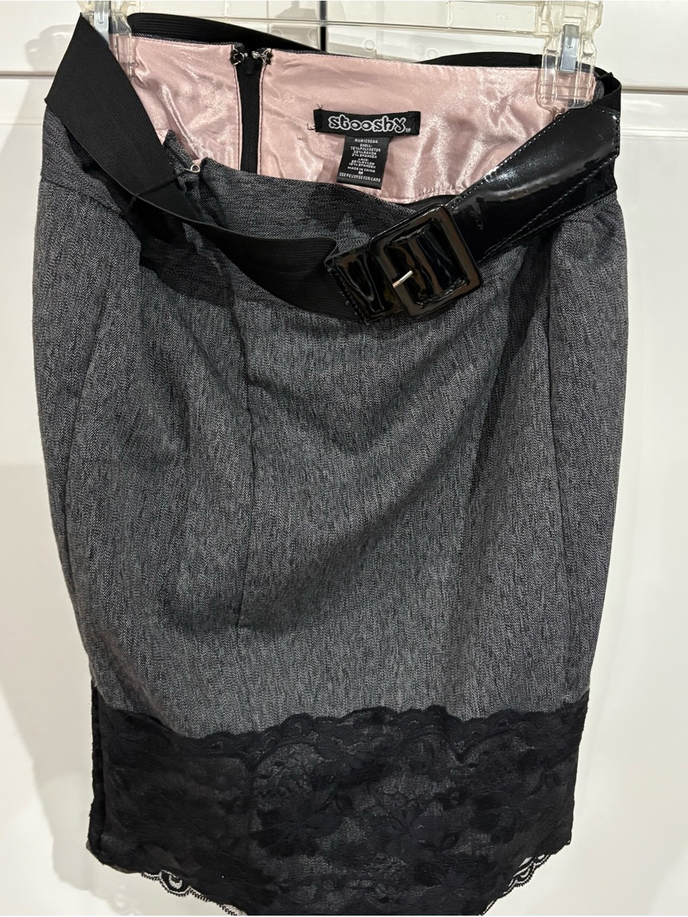 Stooshy Gray Pencil Skirt with Black Lace Hem and Patent Belt